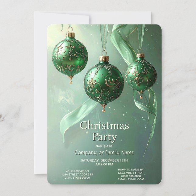 Invitación de fiesta de Navidad con bola verde de  (Anverso)