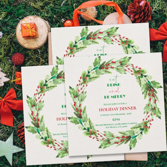 Invitación de fiesta de Navidad con corona de hoja (Green Leaves Wreath Christmas Party Invitation)