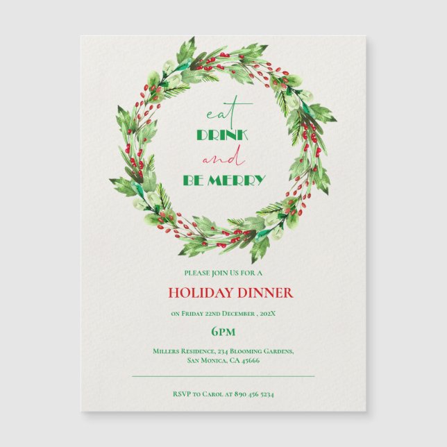 Invitación de fiesta de Navidad con corona de hoja (Anverso)