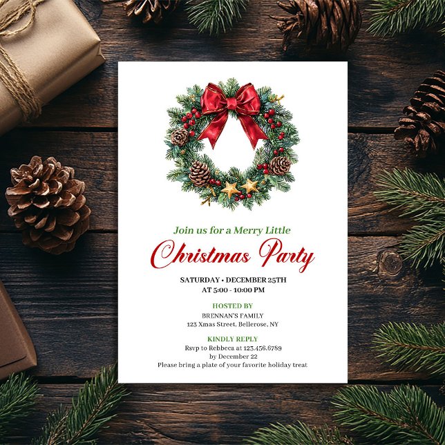 Invitación de fiesta de Navidad con corona de pino (Watercolor Pine Wreath Christmas Party Invitation)