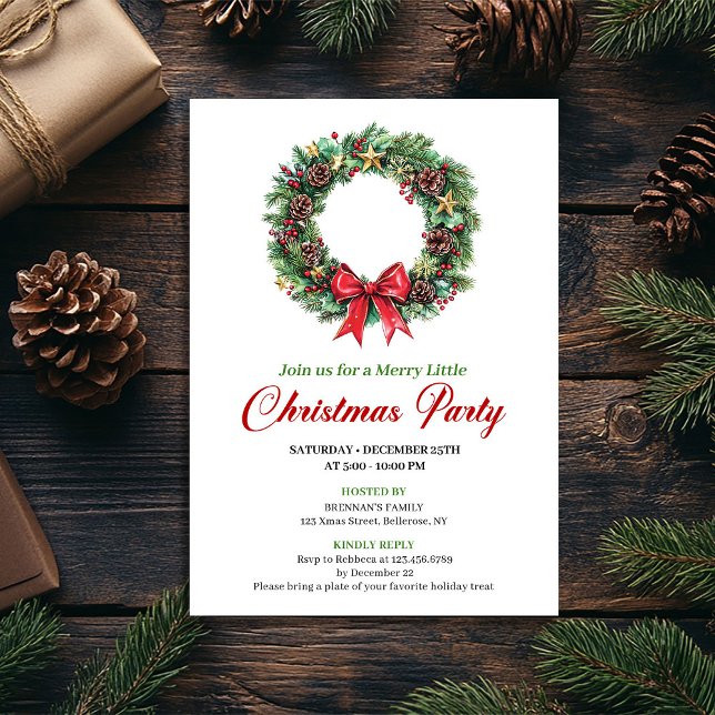 Invitación de fiesta de Navidad con corona de pino (Classic Pine Wreath Christmas Party Invitation)