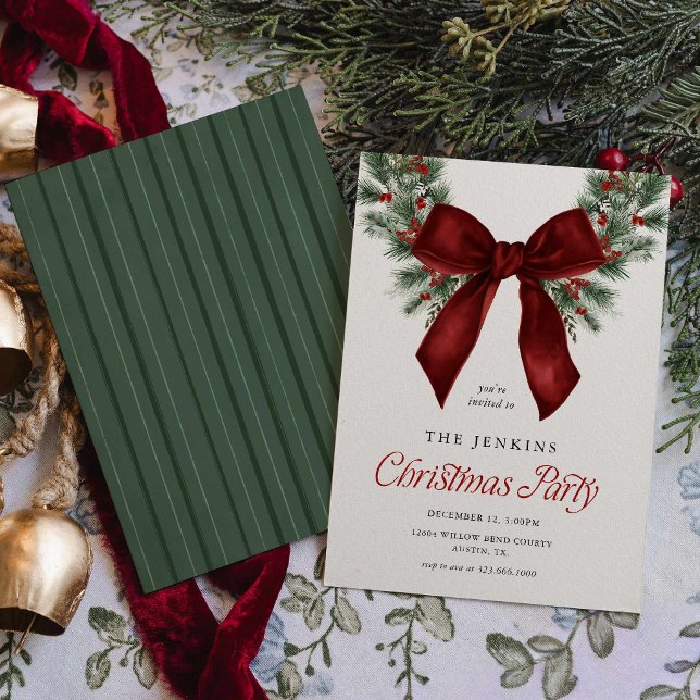 Invitación de fiesta de Navidad con corona elegant (Red Ribbon Wreath Christmas Party Invitation)