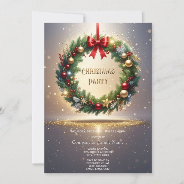 Invitación de fiesta de Navidad con corona festiva (Anverso)