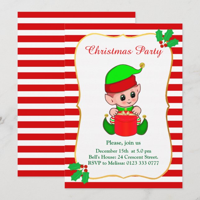 Invitación de fiesta de Navidad con elfo lindo y r (Anverso / Reverso)