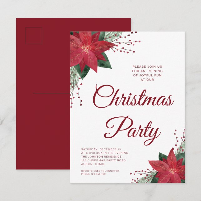 Invitación de fiesta de Navidad con Flor de Pascua (Anverso / Reverso)