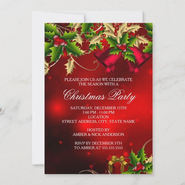 Invitación de fiesta de Navidad con hojas de acebo (Anverso)