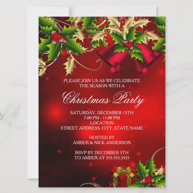 Invitación de fiesta de Navidad con hojas de acebo (Anverso)