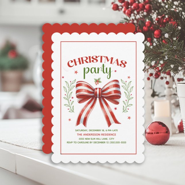 Invitación de fiesta de Navidad con lazo Coquette  (Red and white striped bow Christmas party invitation)