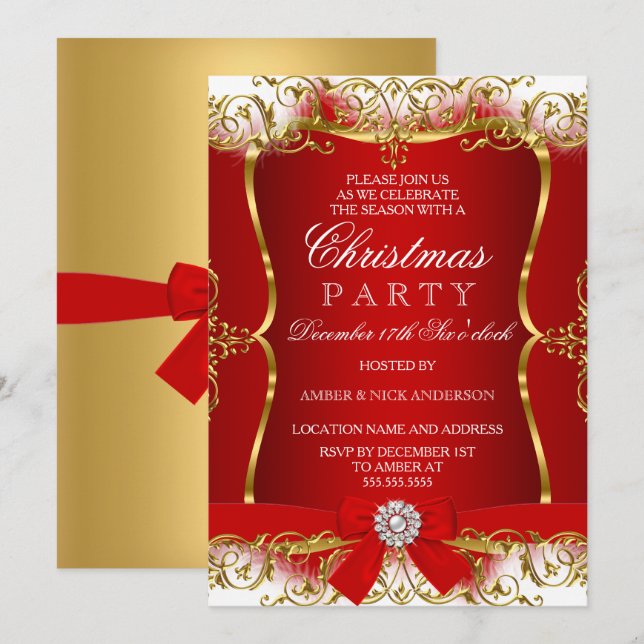 Invitación de fiesta de Navidad con lazo de damasc (Anverso / Reverso)