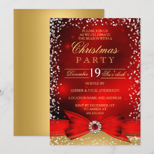 Invitación de fiesta de Navidad con lazo dorado ro