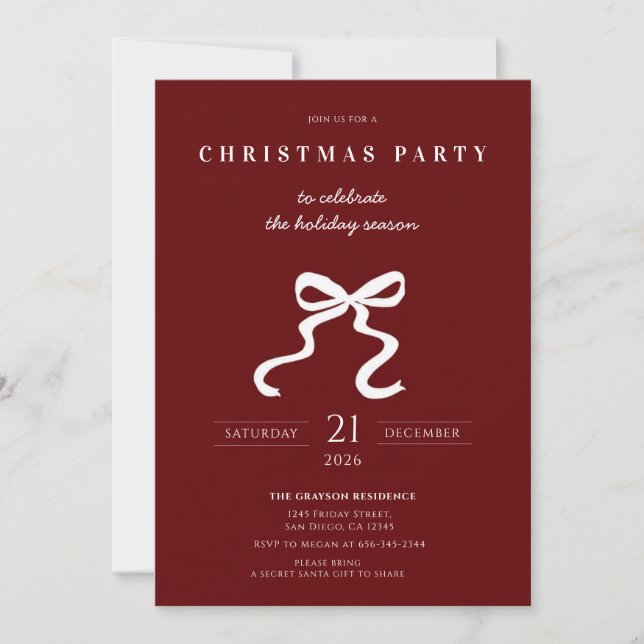 Invitación de fiesta de Navidad con lazo elegante (Anverso)