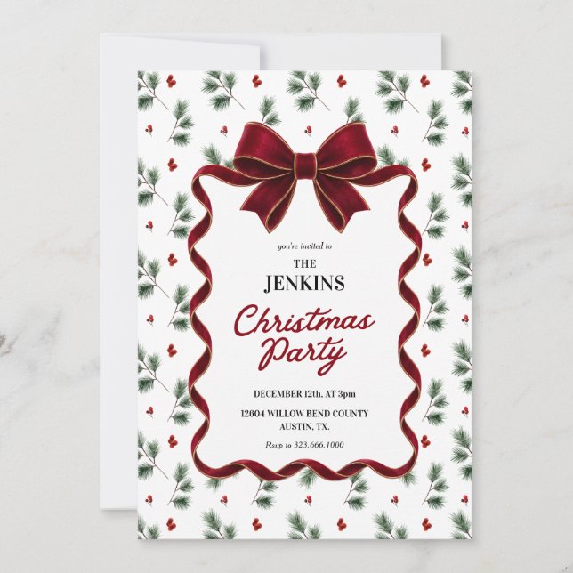 Invitación de fiesta de Navidad con lazo rojo eleg (Anverso)