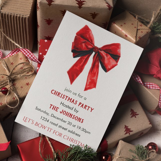 Invitación de fiesta de Navidad con lazo rojo eleg (Subido por el creador)