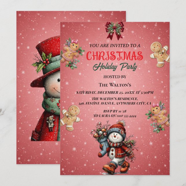Invitación de fiesta de Navidad con muñeco de niev (Anverso / Reverso)