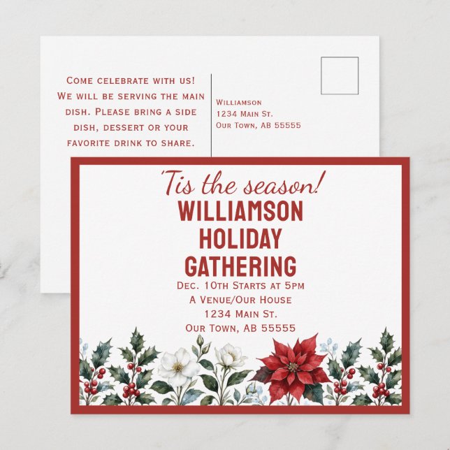 Invitación de fiesta de Navidad con poinsettia (Anverso / Reverso)