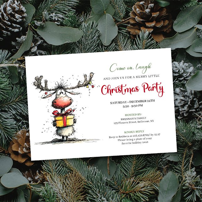 Invitación de fiesta de Navidad con reno de dibujo (Quirky cartoon reindeer Christmas party invite

)