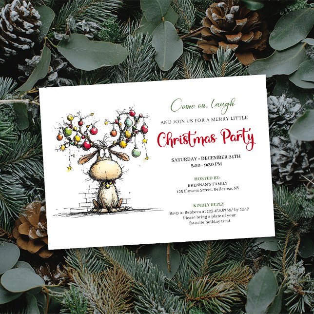 Invitación de fiesta de Navidad con renos capricho (Festive whimsical reindeer Christmas party invite

)