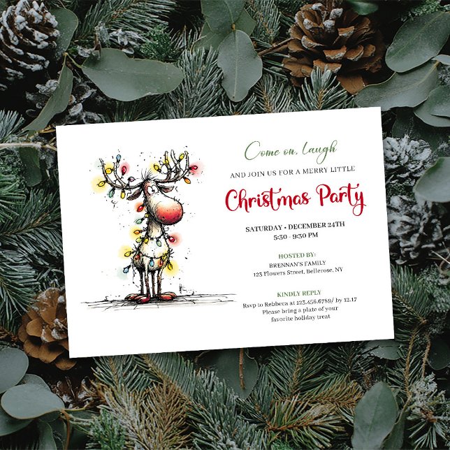 Invitación de fiesta de Navidad con renos peculiar (Holiday quirky reindeer Christmas party invite

)