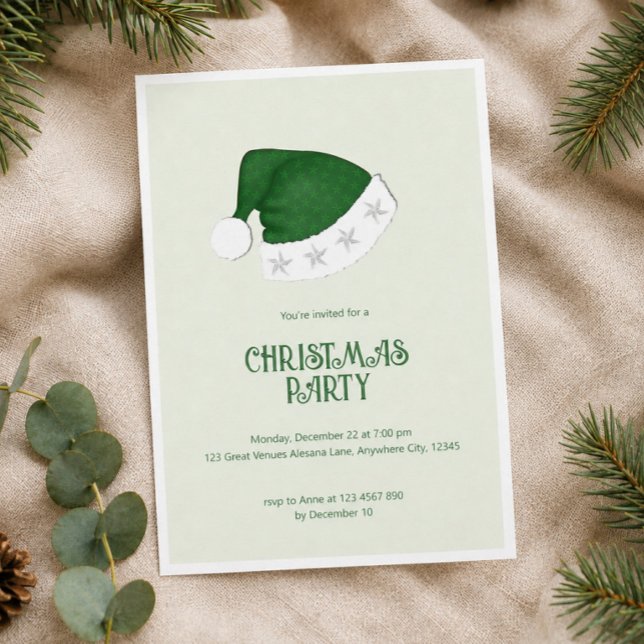 Invitación de fiesta de Navidad con sombrero de Sa (Elegant Green Santa Hat Christmas Party Invite, Sophisticated Holiday Party Invitation)