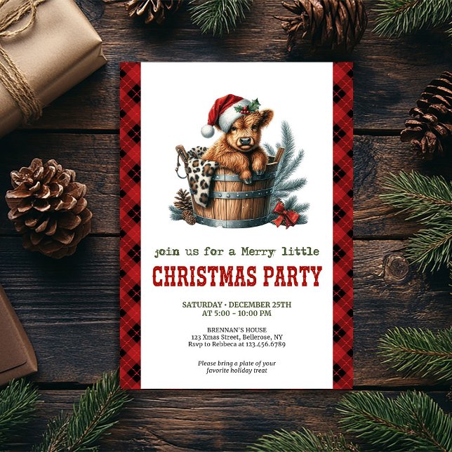Invitación de fiesta de Navidad con vaca rústica d (Rustic watercolor Highland cow Christmas invite, fully editable for your event.)