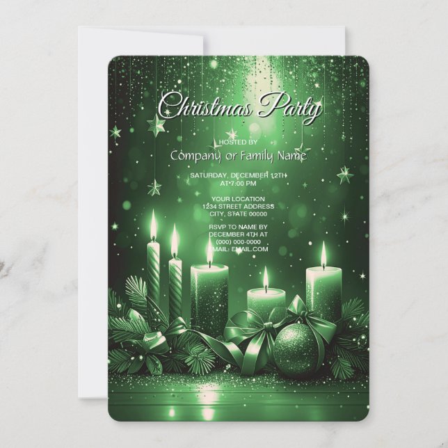 Invitación de fiesta de Navidad con velas verdes (Anverso)