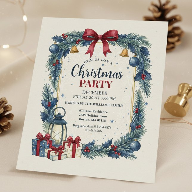Invitación de fiesta de Navidad Corona Rústica Azu (Christmas Party Invitation)