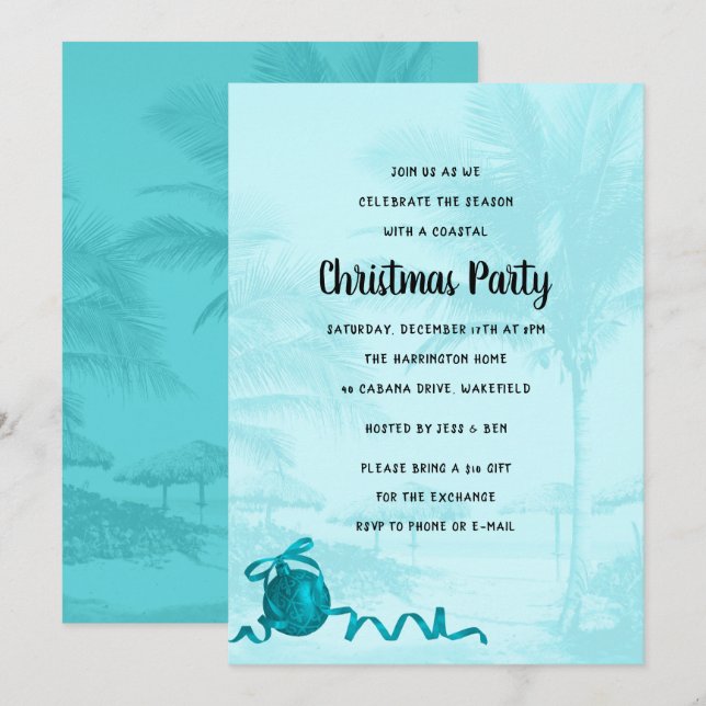 Invitación de fiesta de Navidad costera con palmer (Anverso / Reverso)