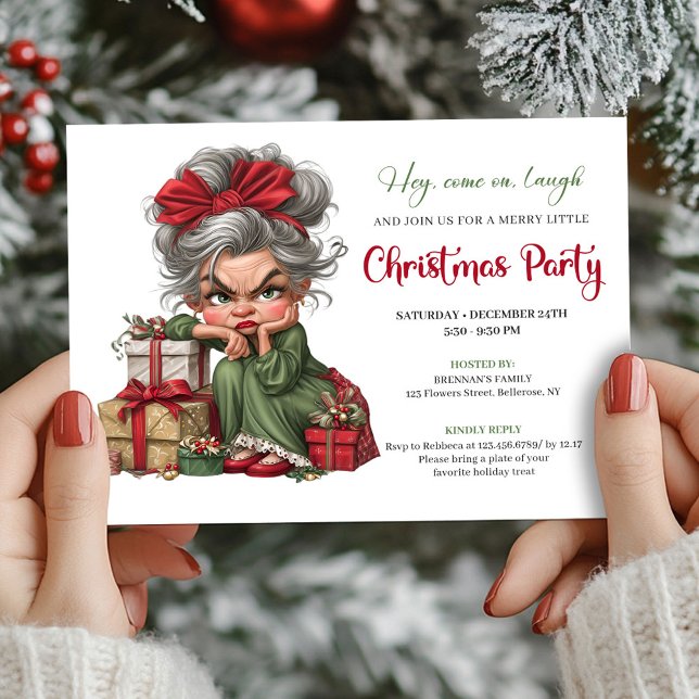 Invitación de fiesta de Navidad de abuela extravag (Quirky Grandma Christmas Cartoon Party Invitation)