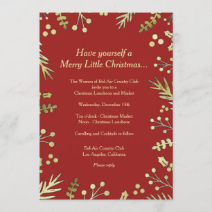 Invitación de fiesta de Navidad de acebo rojo y do