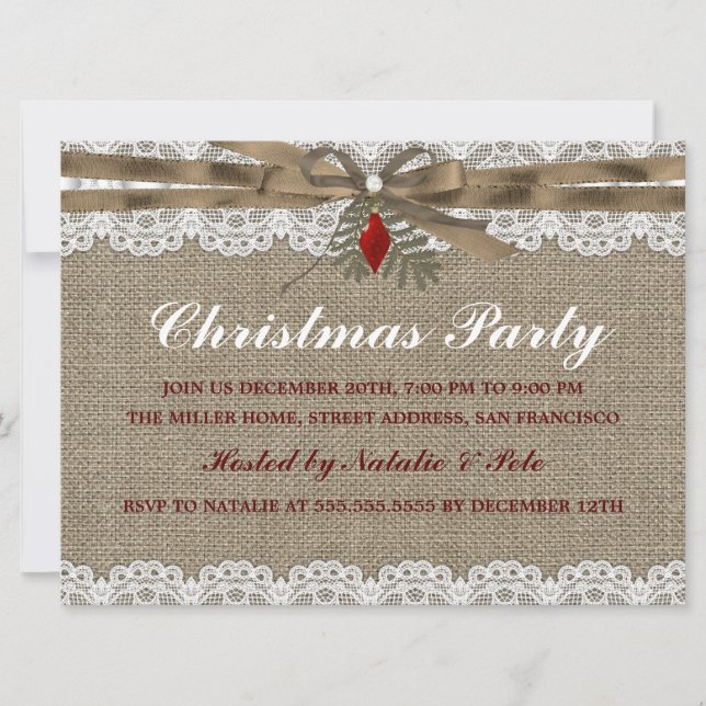 Invitación de Fiesta de Navidad de Burlap & Lace V (Anverso)