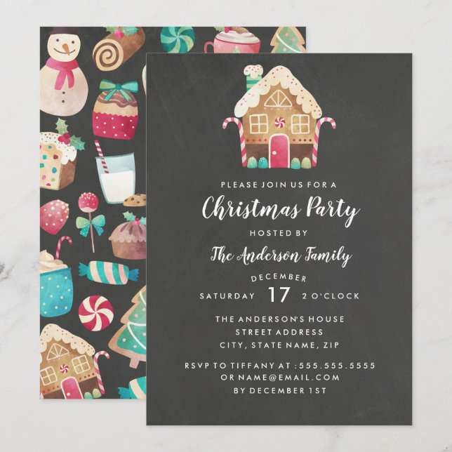Invitación de fiesta de Navidad de casa de jengibr (Anverso / Reverso)