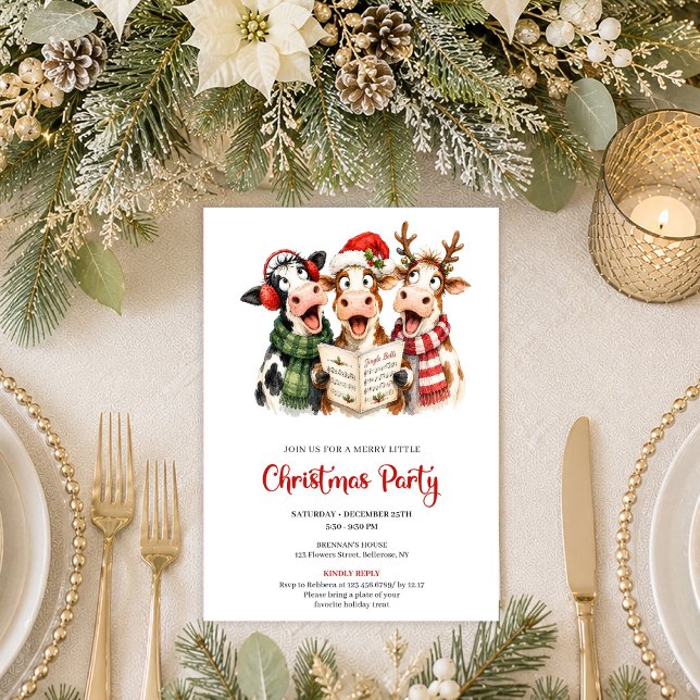 Invitación de fiesta de Navidad de gansos tontos (This whimsical Christmas cow greeting card features a quirky watercolor design with playful red and )