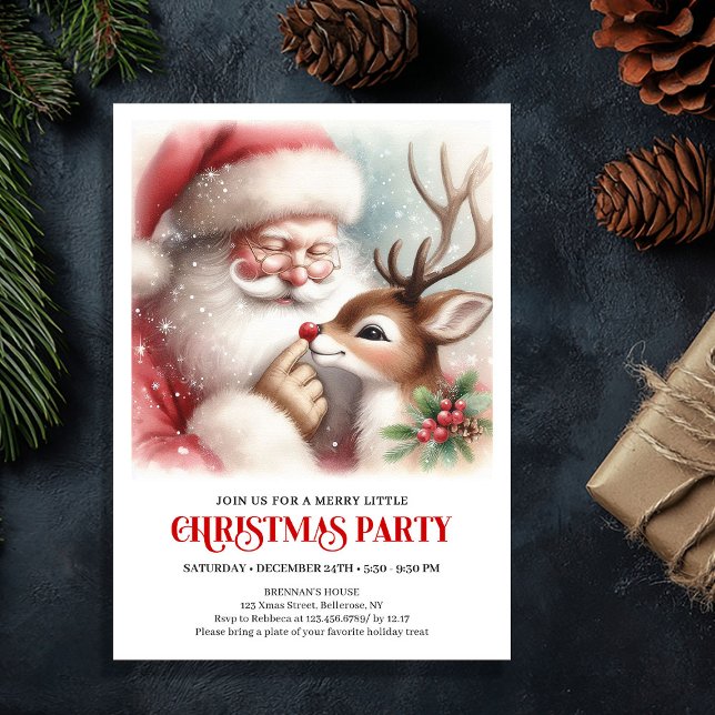 Invitación de fiesta de Navidad de invierno de San (Cute Santa Rudolph Winter Christmas Party Invite)