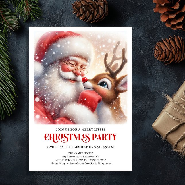 Invitación de fiesta de Navidad de invierno de San (Cute Santa Rudolph Winter Christmas Party Invite)