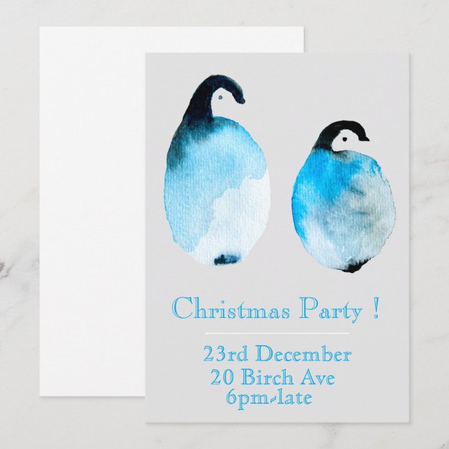 invitación de fiesta de Navidad de pingüino azul d (Anverso / Reverso)