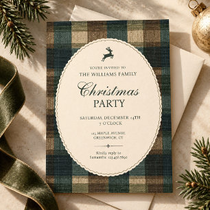 Invitación de fiesta de Navidad de reno a cuadros