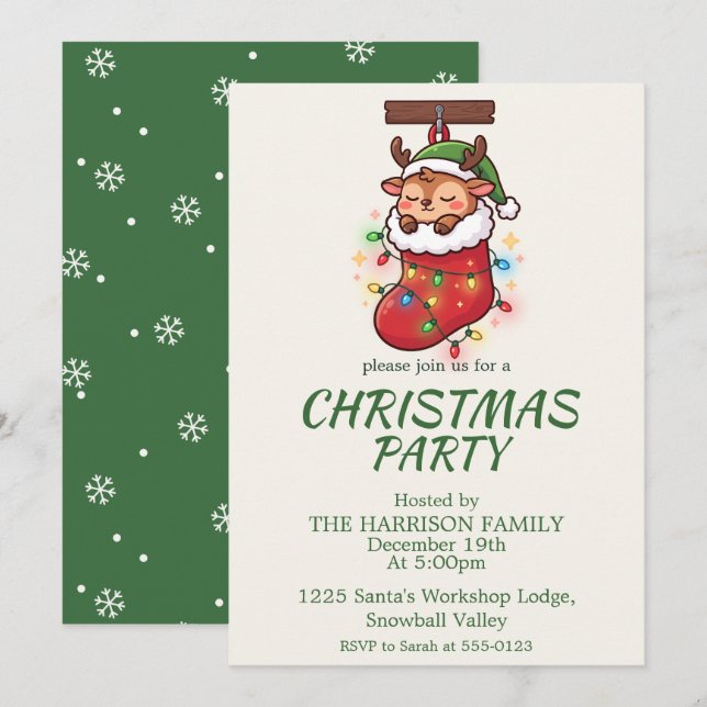 Invitación de fiesta de Navidad de Reno Chibi Lind (Anverso / Reverso)
