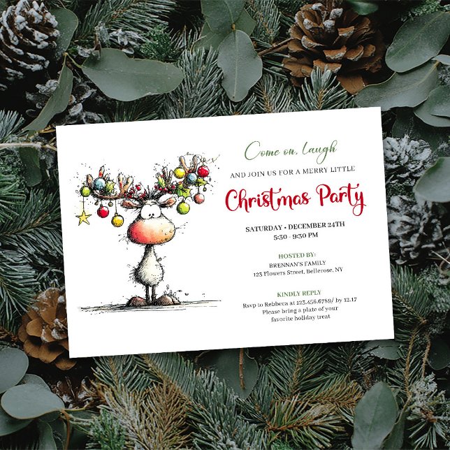 Invitación de fiesta de Navidad de reno chic y ext (Chic quirky reindeer Christmas party invitation

)