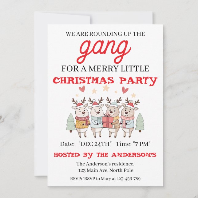 Invitación de fiesta de Navidad de reno editable (Anverso)