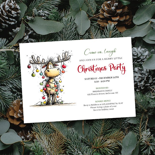 Invitación de fiesta de Navidad de reno rojo verde (Quirky red green reindeer Christmas party invite

)