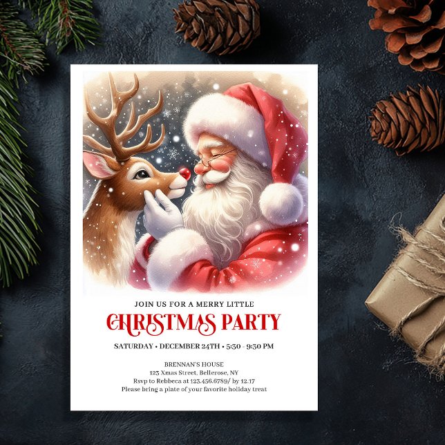Invitación de fiesta de Navidad de Santa Claus y R (Cute Santa and Rudolph Christmas Party Invitation)