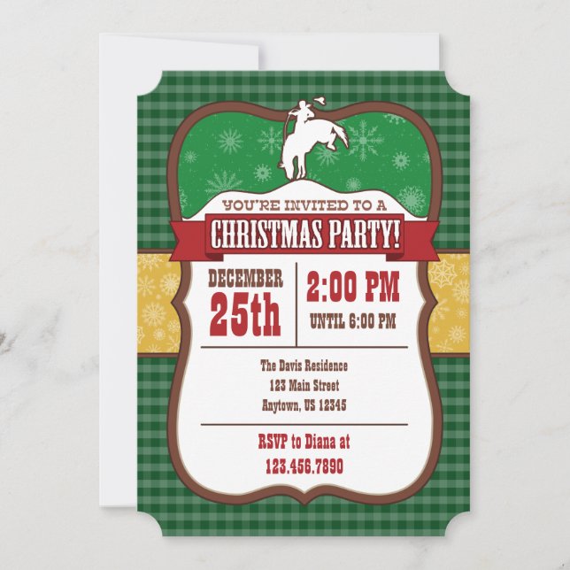 Invitación de fiesta de Navidad de vaquero verde (Anverso)