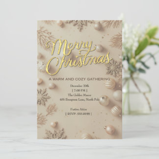Invitación de fiesta de Navidad dorada y crema Mer