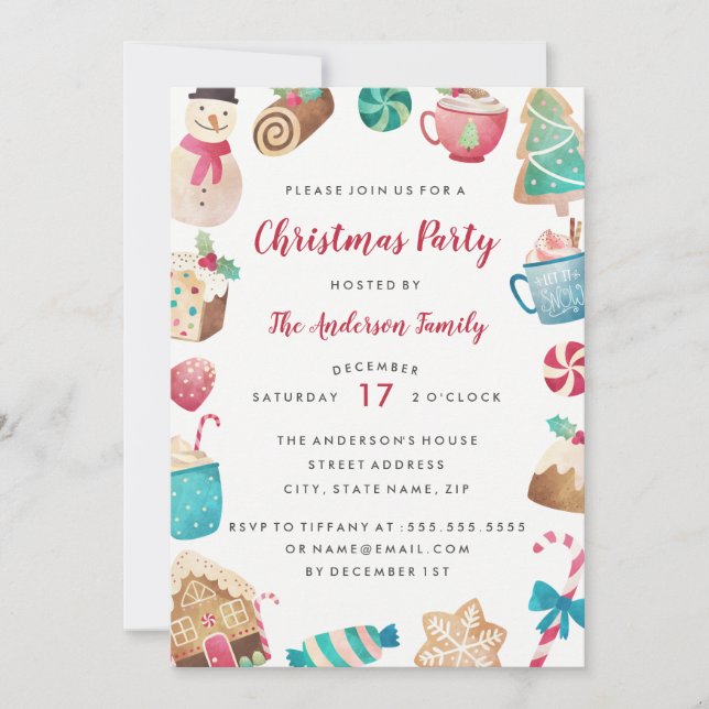 Invitación de fiesta de Navidad dulce en acuarela (Anverso)
