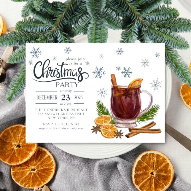 Invitación de fiesta de Navidad en acuarela (Watercolor Christmas Party Invitation with mulled wine)