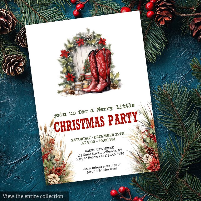 Invitación de fiesta de Navidad en granja roja y v (Farmhouse Christmas party red green invitation

)
