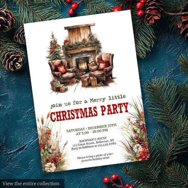 Invitación de fiesta de Navidad en granja roja y v (Farmhouse Christmas party red green invitation

)