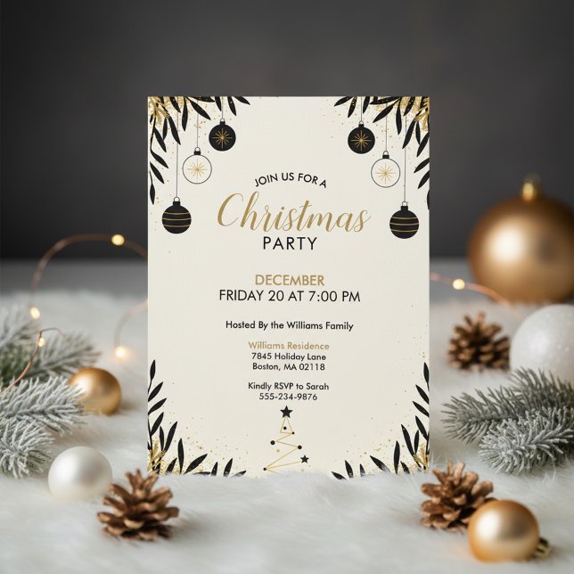 Invitación de fiesta de Navidad en oro negro moder (Modern Holiday Invitation)
