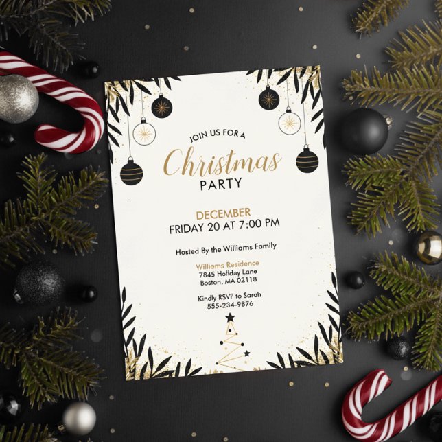 Invitación de fiesta de Navidad en oro negro moder (Modern Christmas Party)