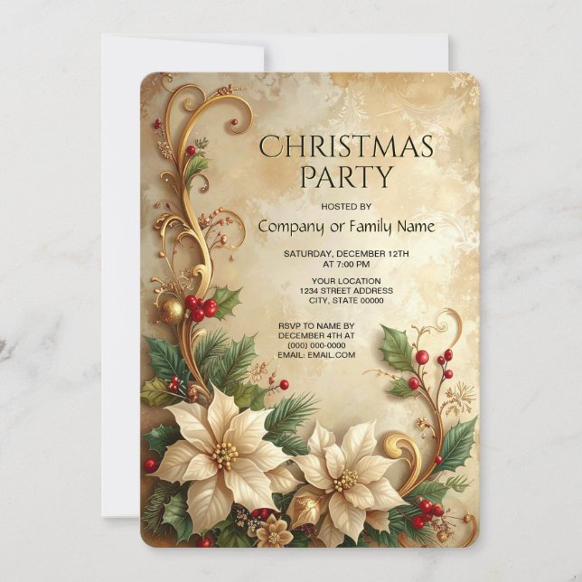 Invitación de fiesta de Navidad floral (Anverso)